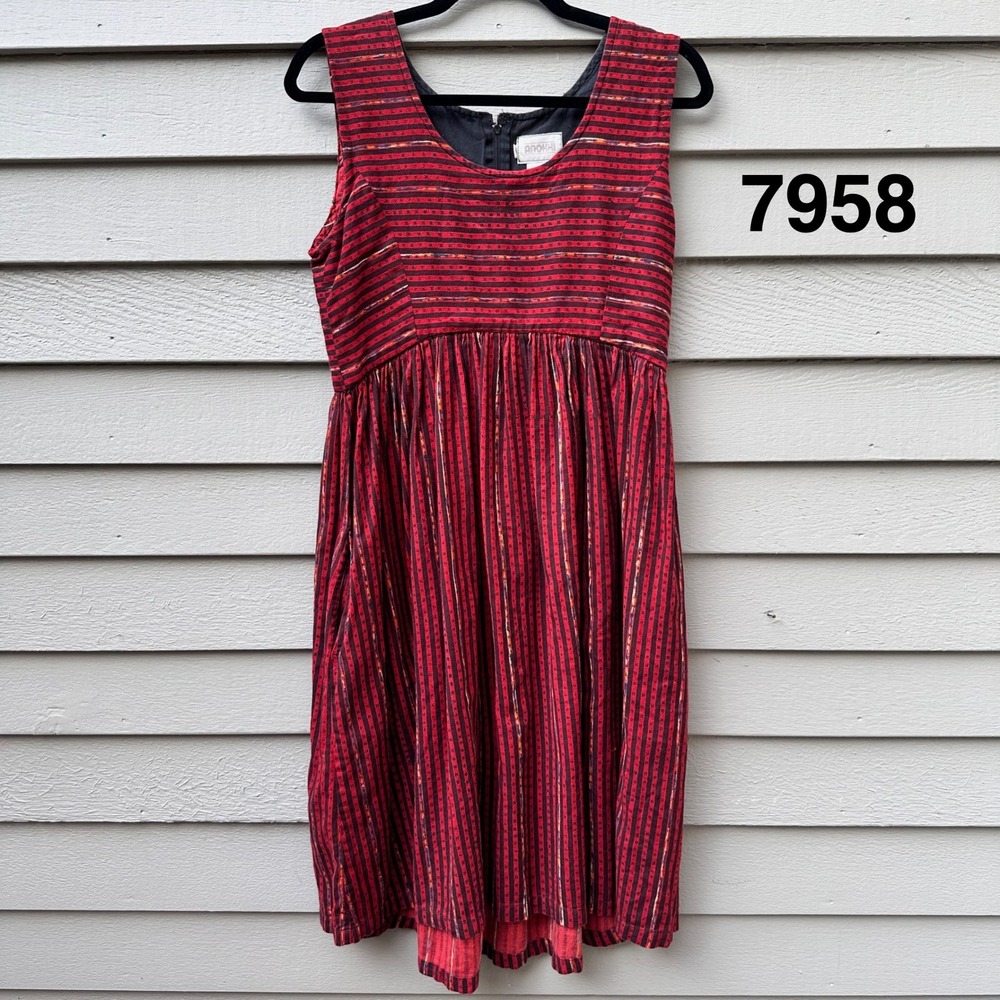 Anokhi Red Black Block Print Cotton Empire Waist Midi Dress Womens 10 Vintage